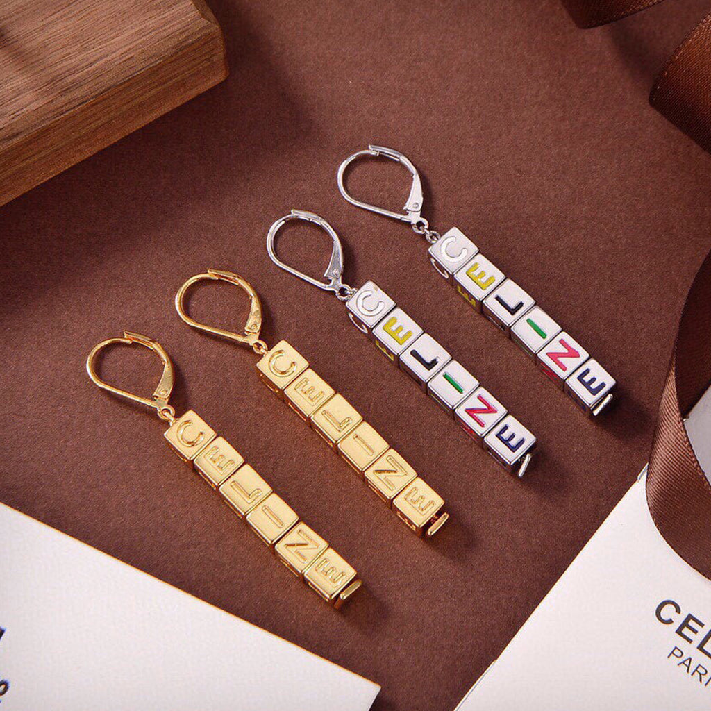 18K Celine Script Cube Earrings