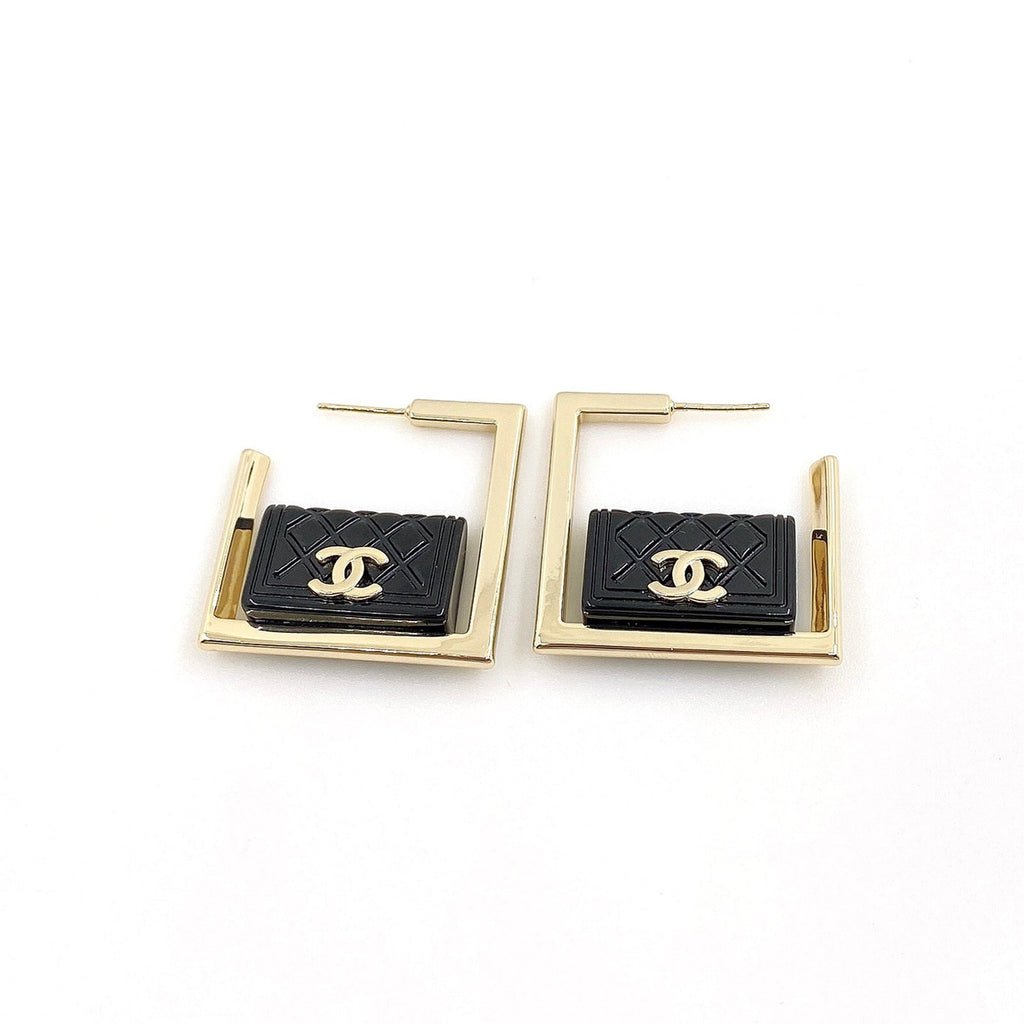 18K  Chanel Black Bag Pendant Earrings