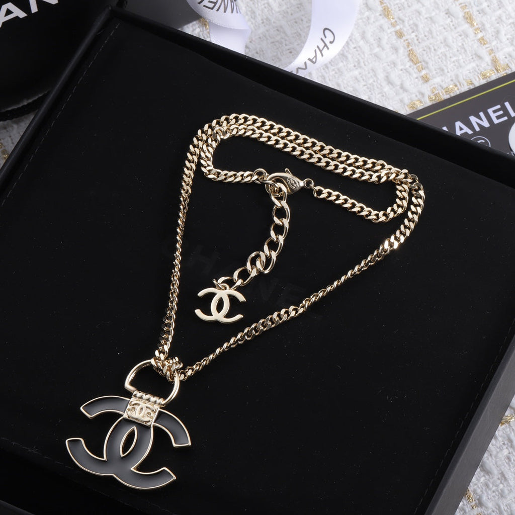 18K  Chanel Black Resin Logo Necklace
