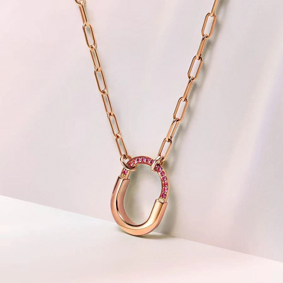 18K Tiffany Lock Pink Pave Diamonds Necklace