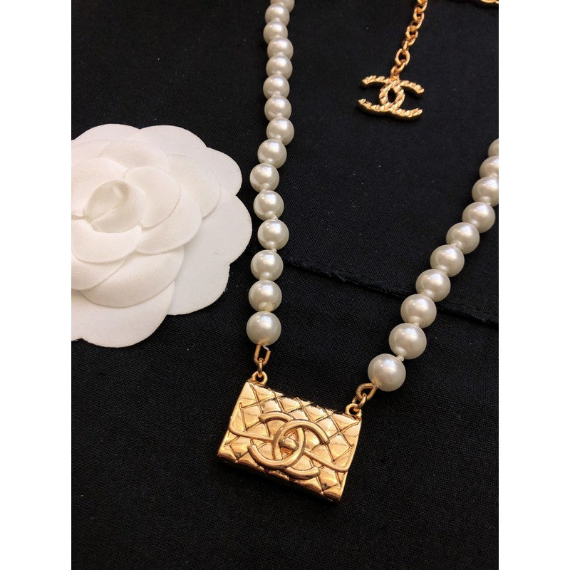 18K  Chanel Pearl Bag Pendant Necklace