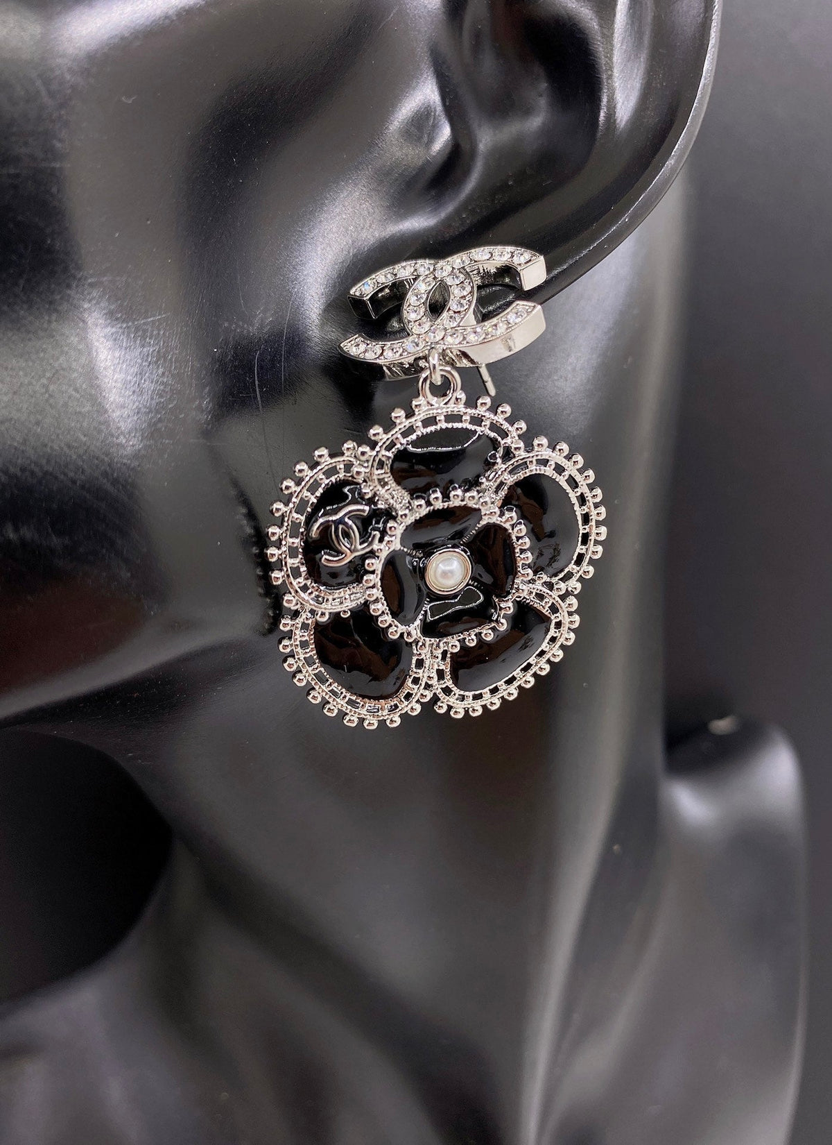 18K  Chanel Black Pearl Camellia Earrings