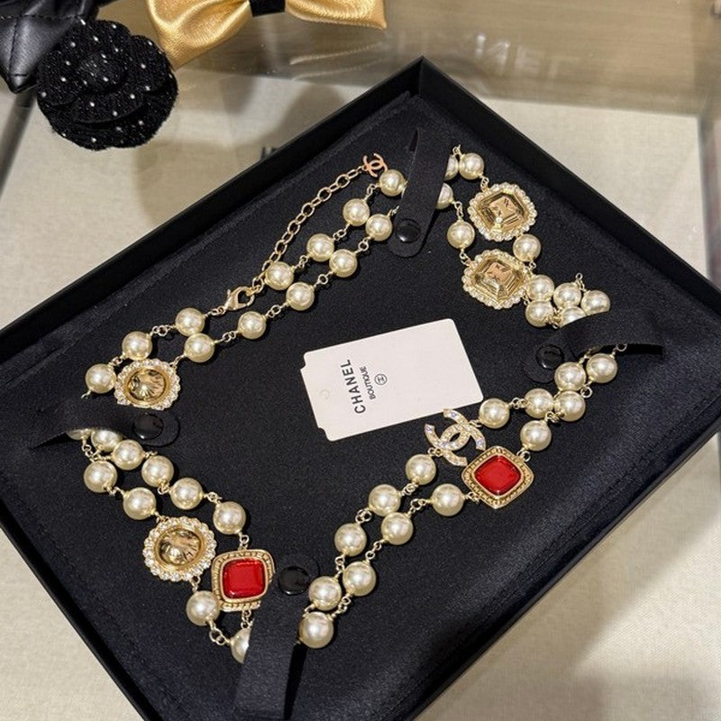 18K  Chanel Long Pearl Red Crystals Necklace