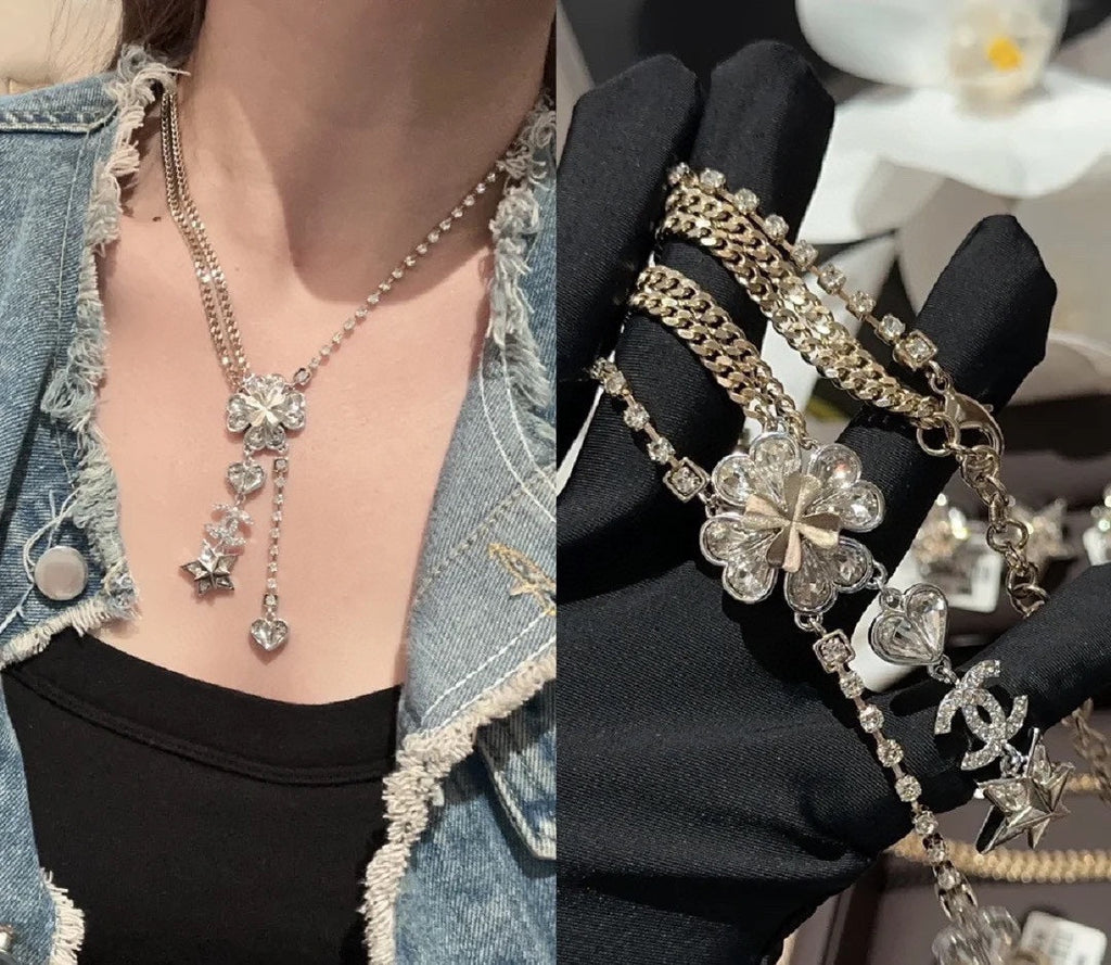 18K  Chanel Heart Crystals Chain Necklace