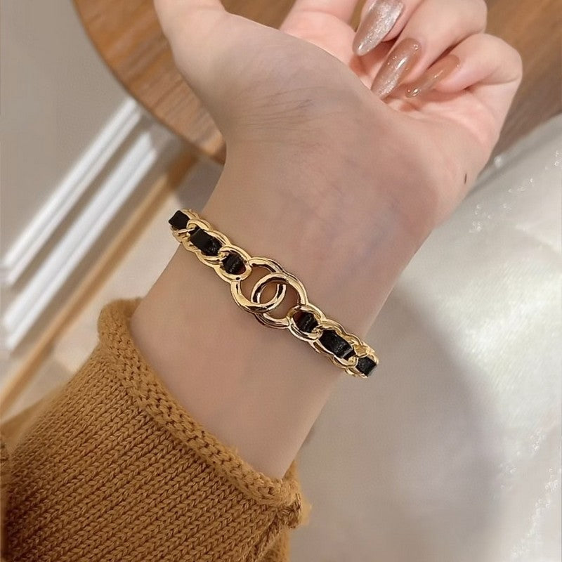 18K  Chanel Black Leather Cuff Bracelet