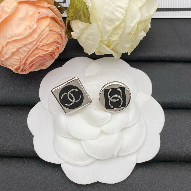 18K  Chanel Black & White Square Gold Earrings
