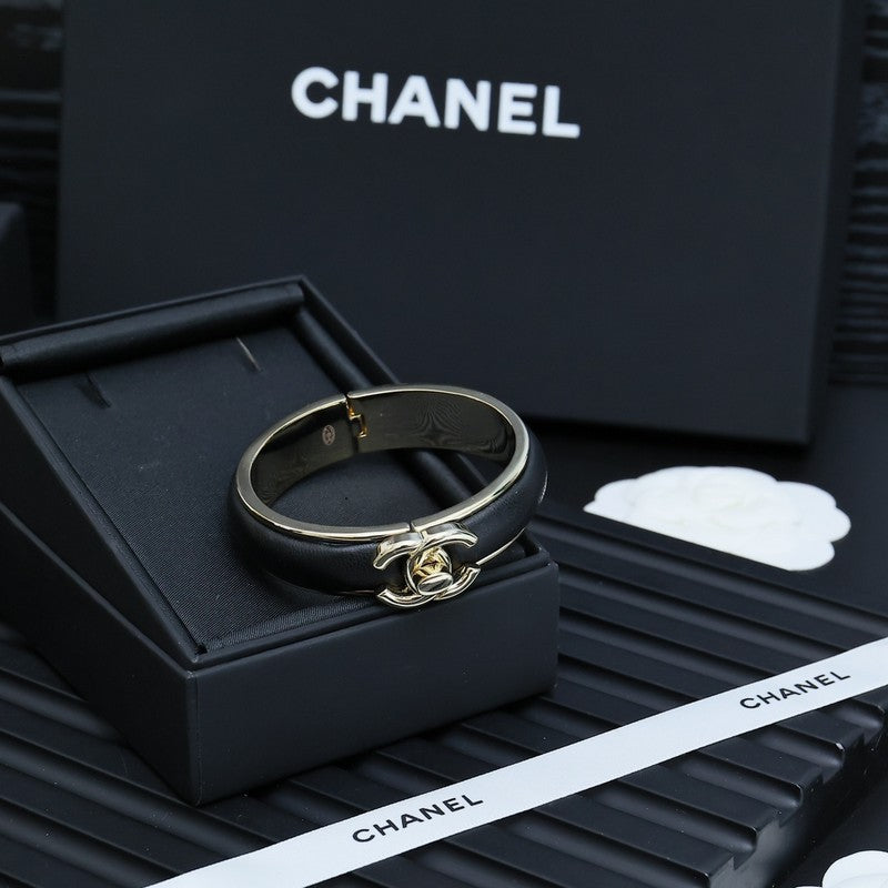 18K  Chanel Black Leather Cuff Bracelet