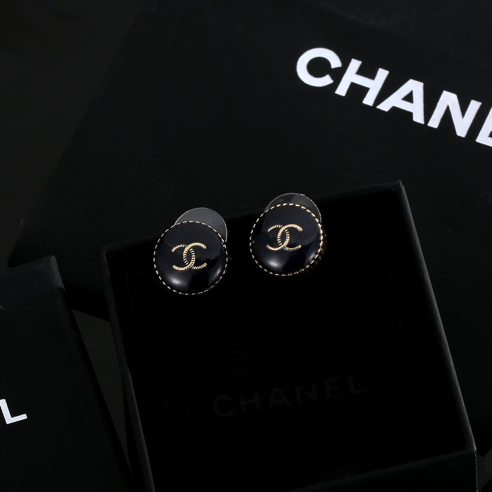 18K  Chanel Circle Black Resin Earrings