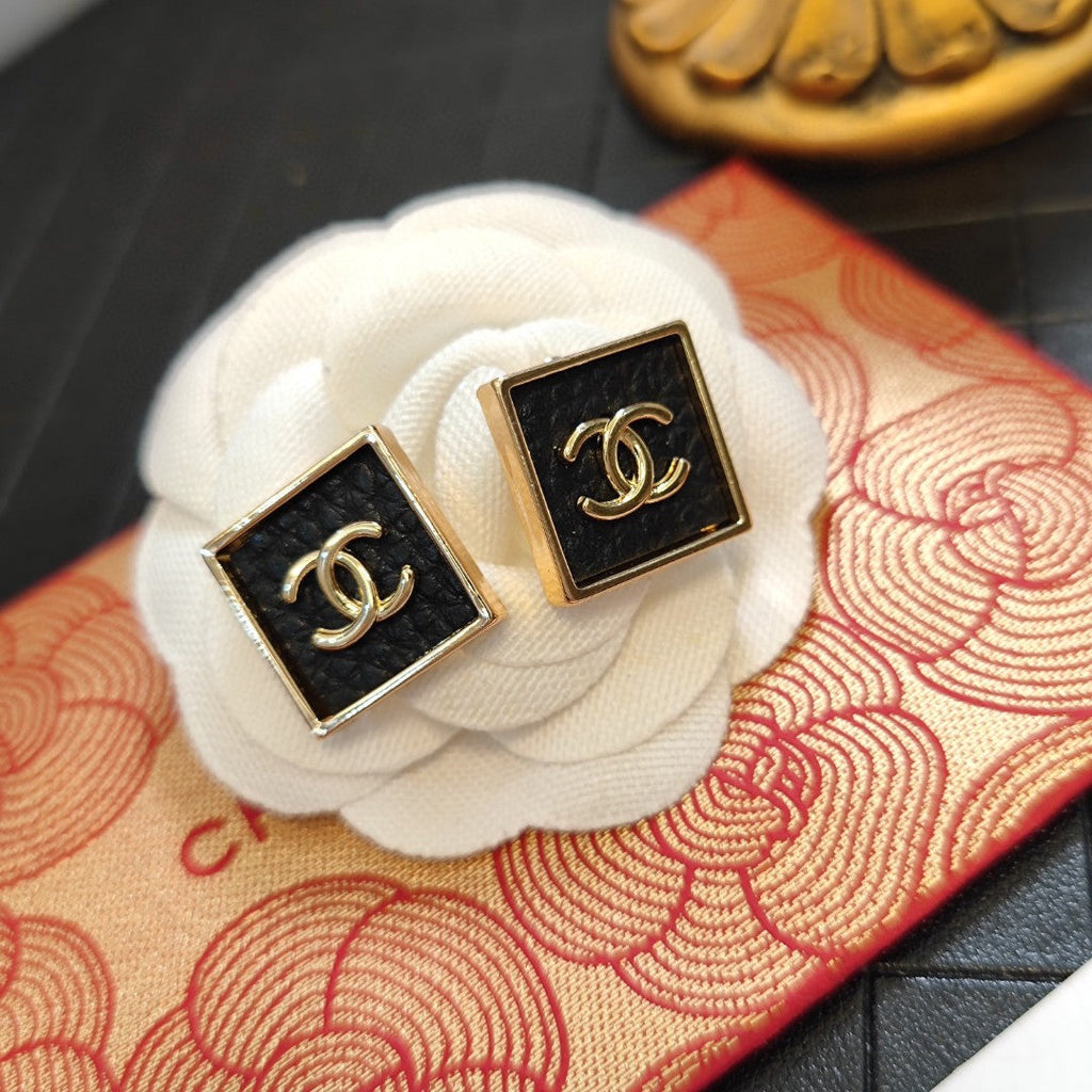18K  Chanel Black Square Earrings