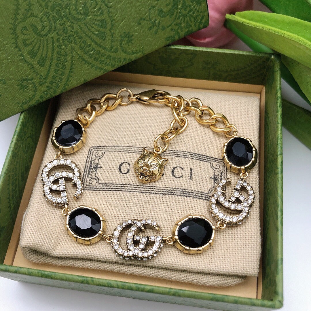 18K Double Gucci Black Stones Chain Bracelet