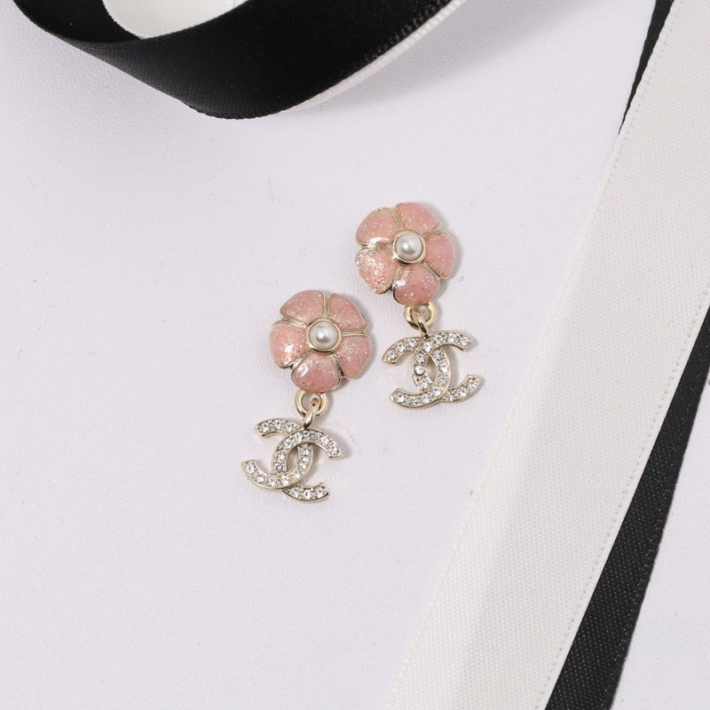 18K  Chanel Black & Pink Camellia Diamond Earrings