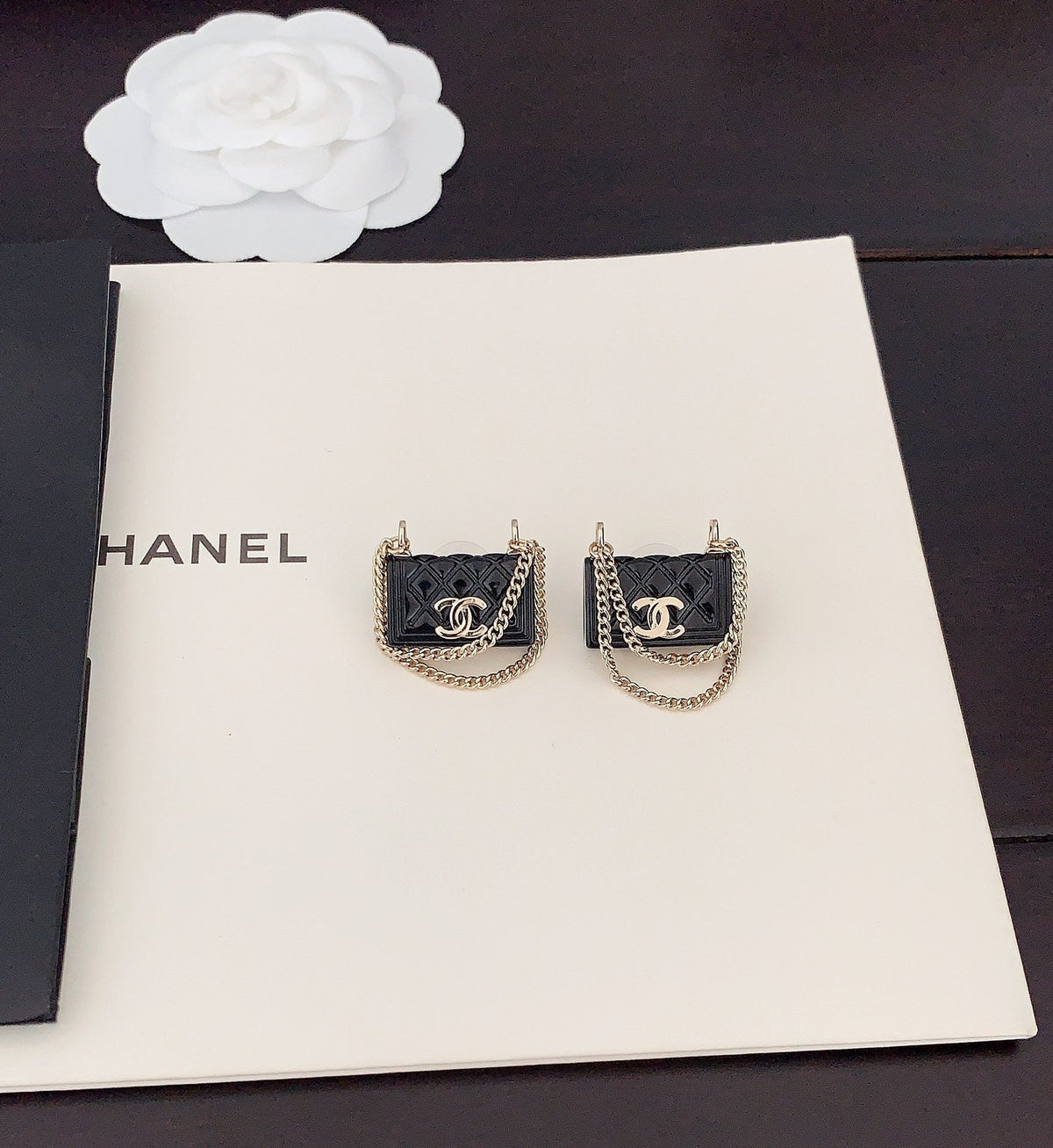 18K  Chanel Black Bag Pendant Earrings