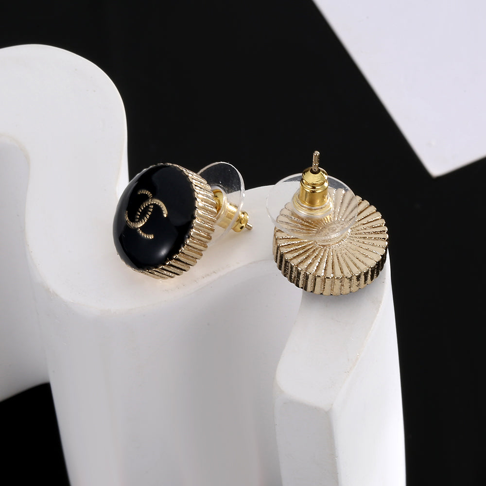 18K  Chanel Circle Black Resin Earrings