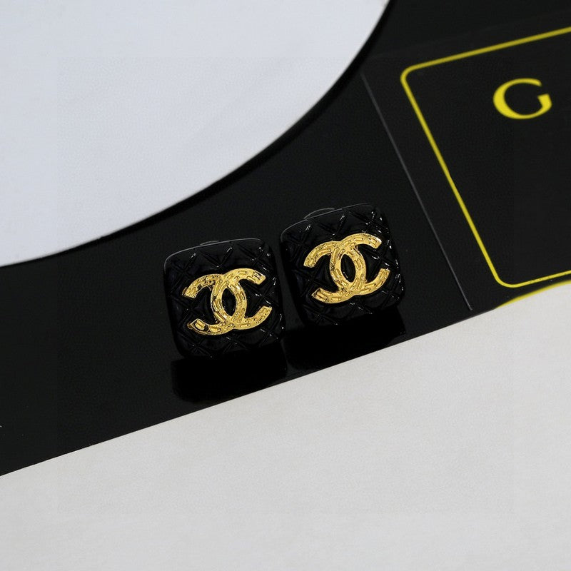 18K  Chanel Black Gold Square Earrings