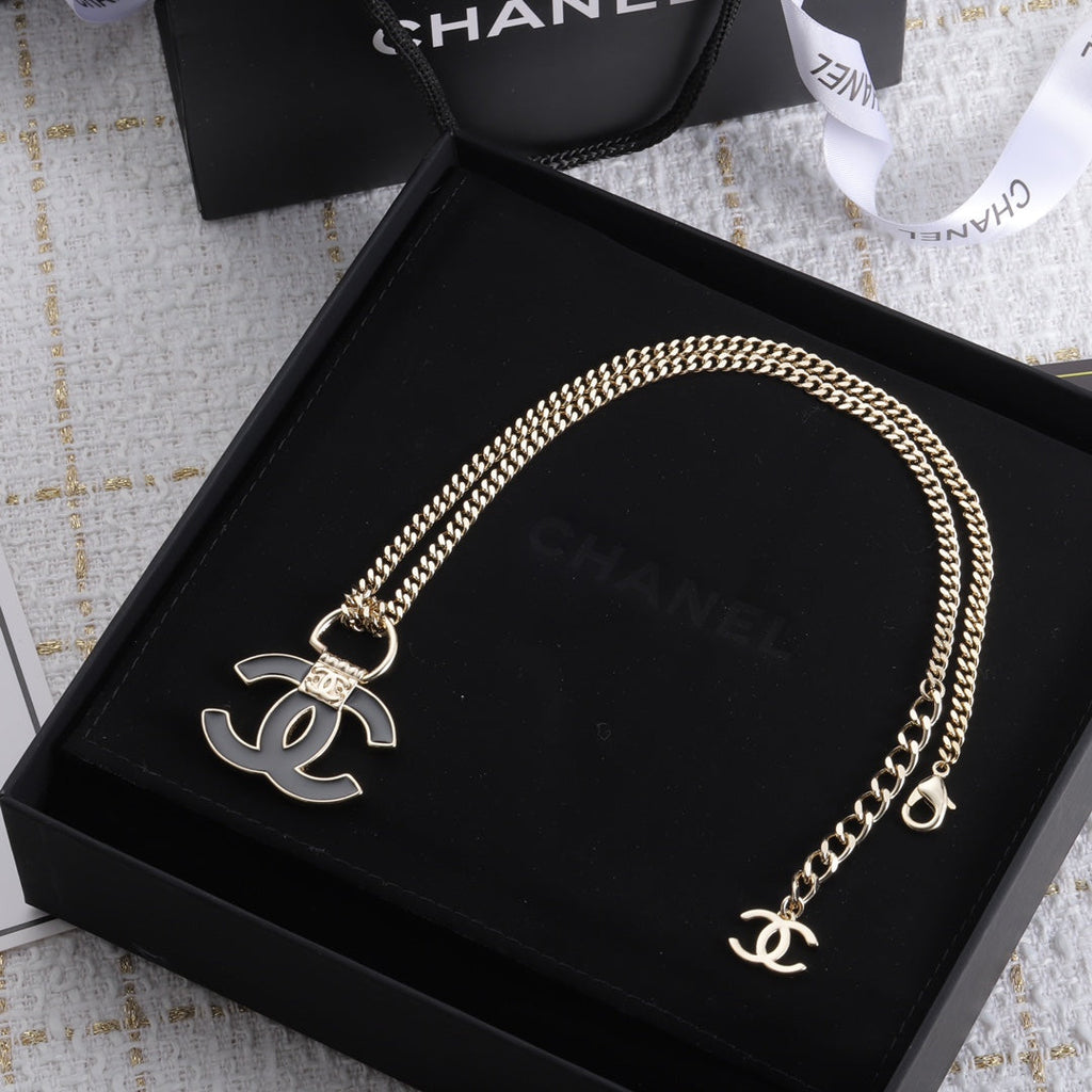18K  Chanel Black Resin Logo Necklace