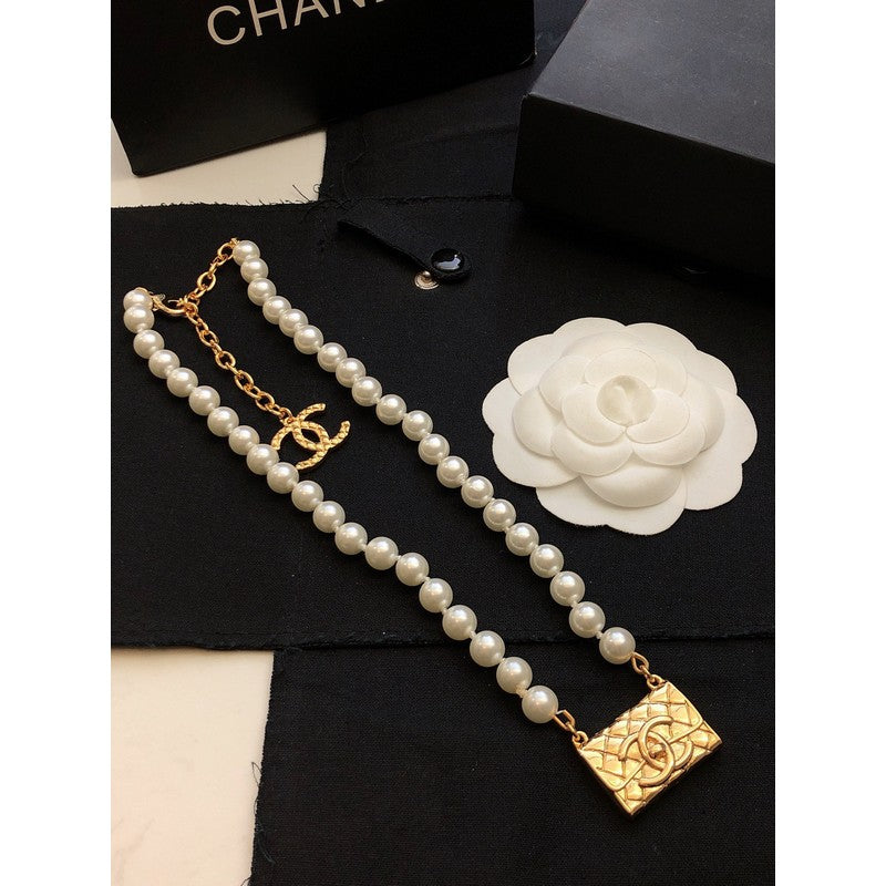18K  Chanel Pearl Bag Pendant Necklace