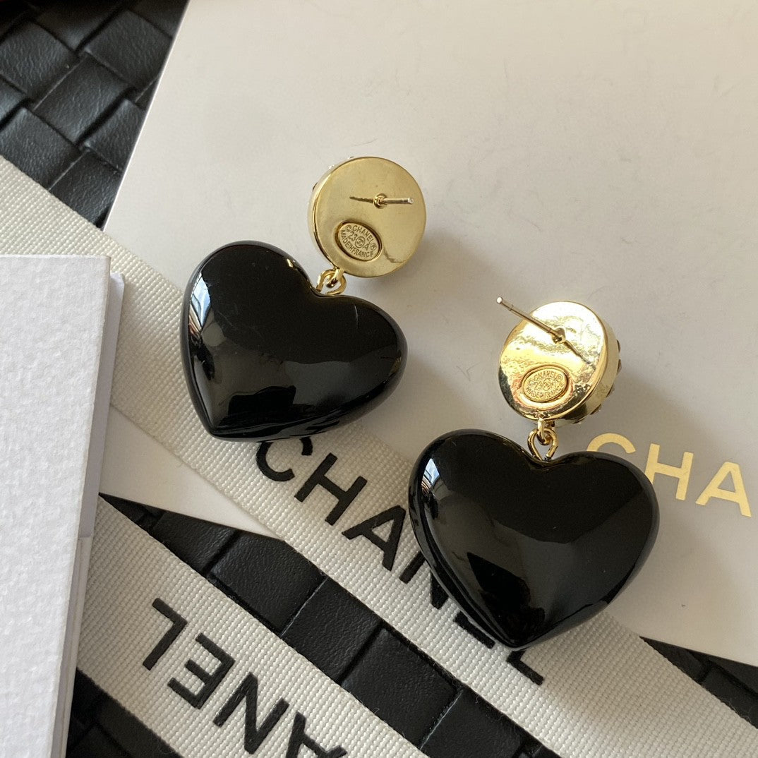 18K  Chanel Black Heart Earrings
