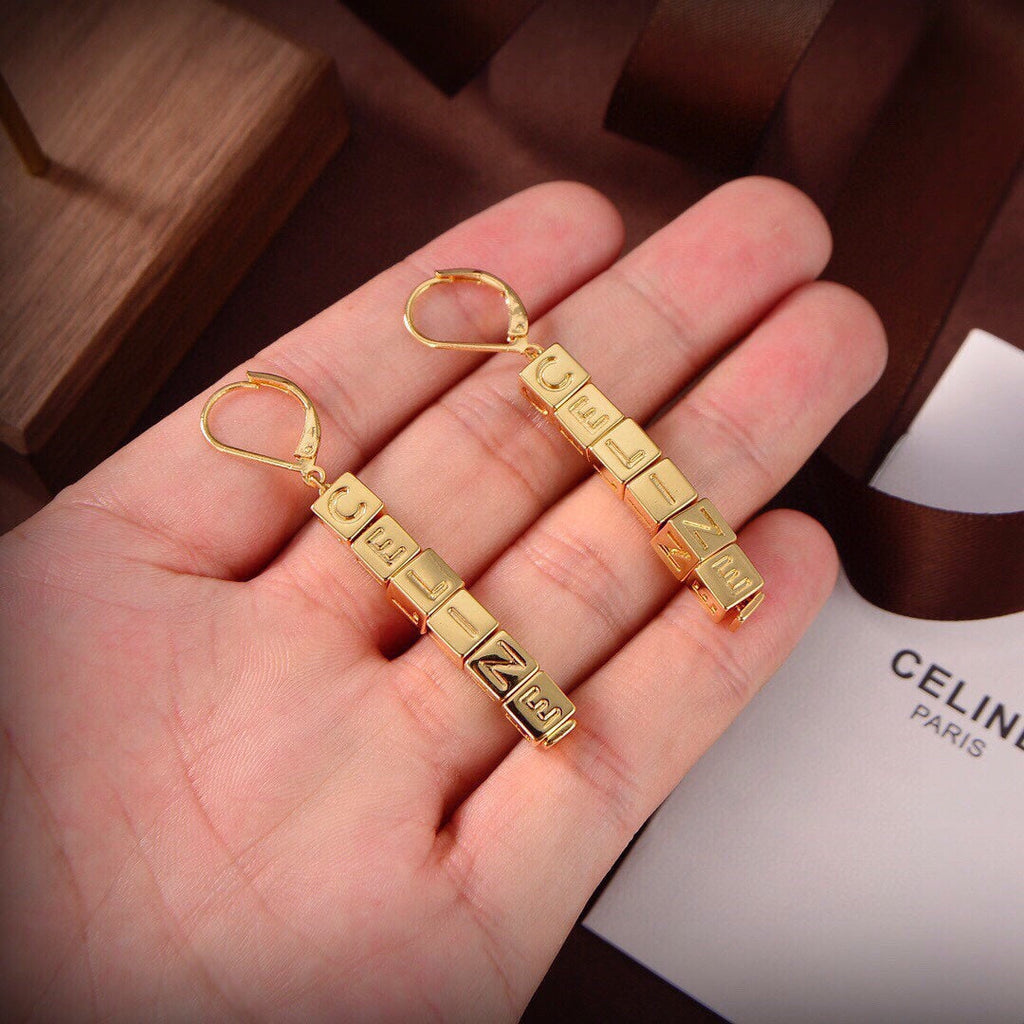 18K Celine Script Cube Earrings