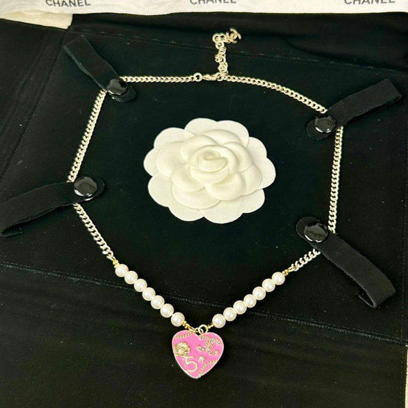 18K  Chanel Pink & Black Heart Pearl Necklace