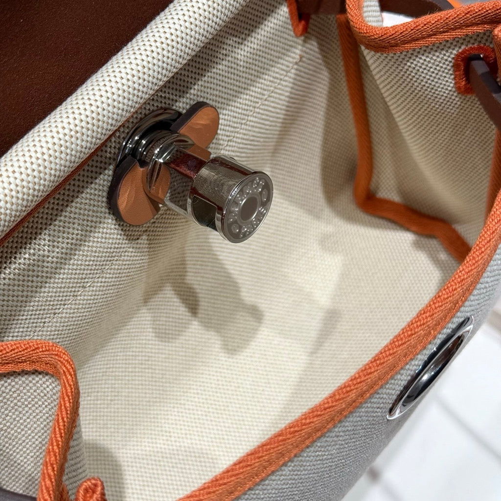 HERMES 25S MINI HERBAG 20 IN BEIGE AND BROWN CANVAS SILVER HARDWARE