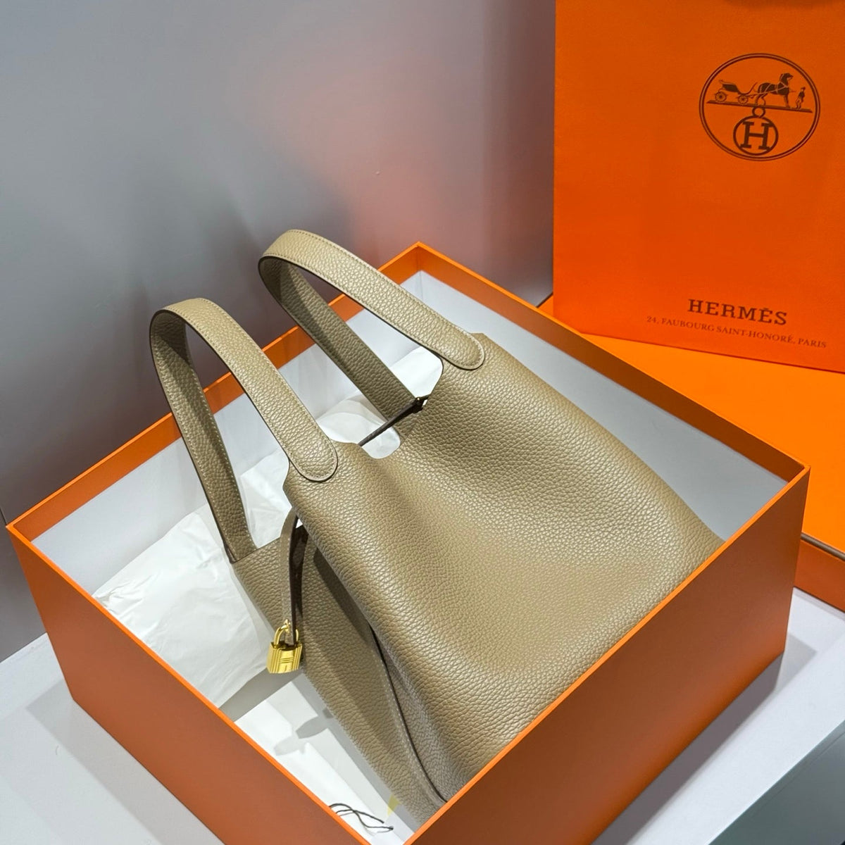 HERMES 25S PICOTIN LOCK 22 IN TAN BROWN CALFSKIN GOLD HARDWARE