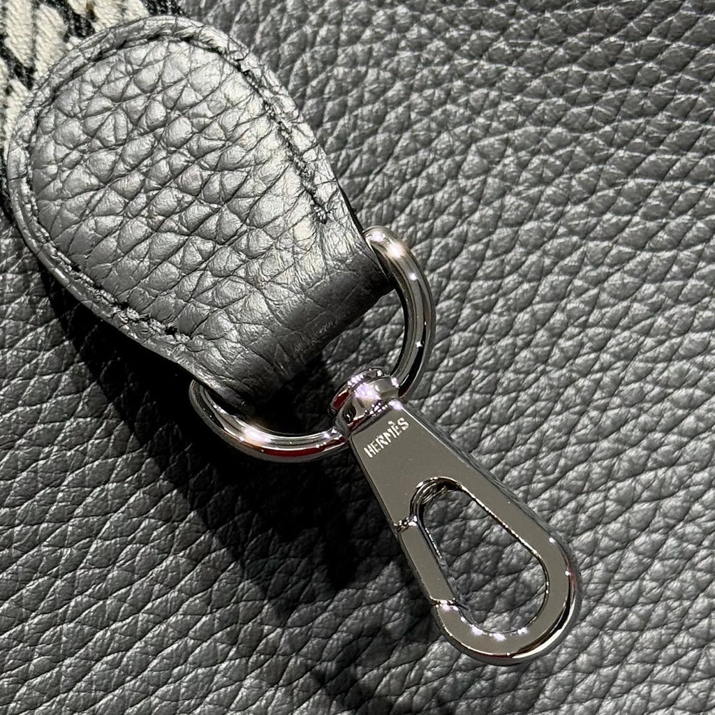 HERMES 25S MINI EVELYNE 18 IN CHARCOAL GRAY PATTERNED STRAP CALFSKIN SILVER HARDWARE