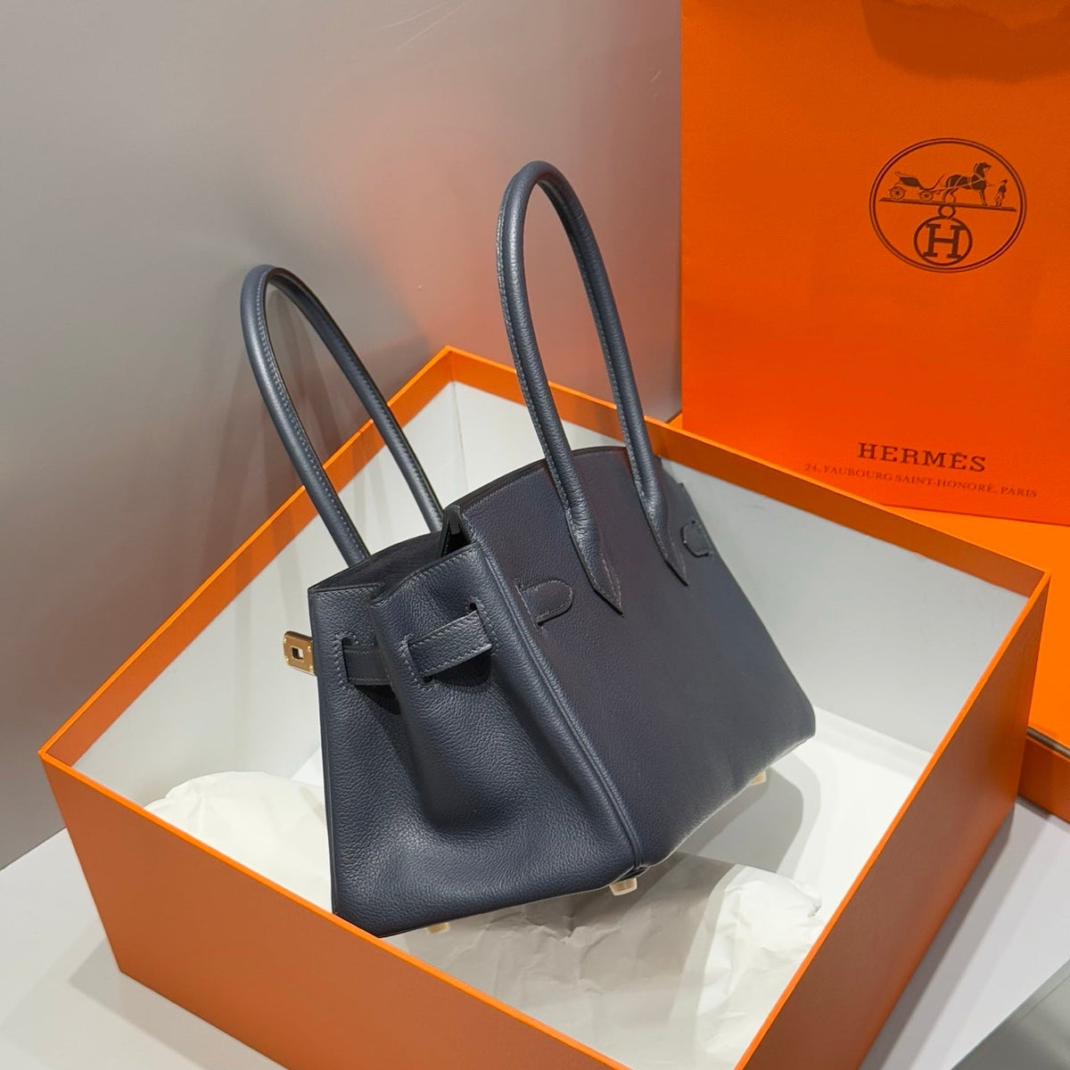 HERMES 25S SHOULDER BIRKIN 29 IN MIDNIGHT BLUE CALFSKIN GOLD HARDWARE