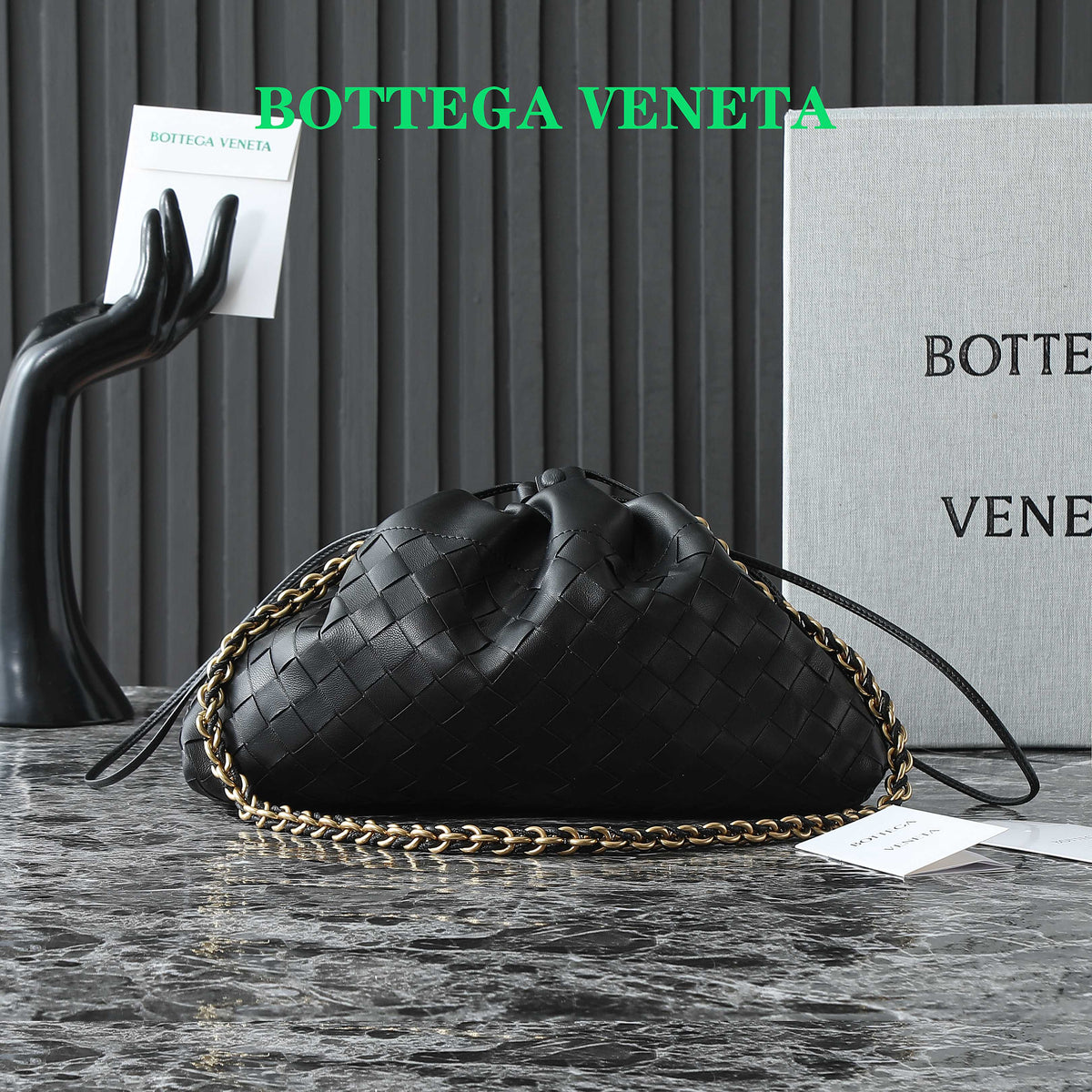 BOTTEGA VENETA 25S DUSTBAG NOTTE 33 IN BLACK CALFSKIN GOLD HARDWARE