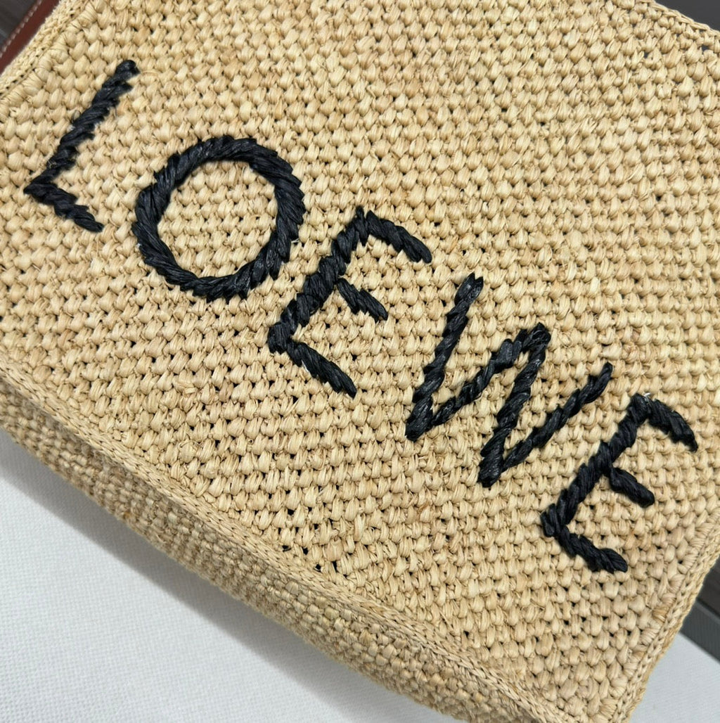 LOEWE 25S WE FONT TOTE BAG 30 IN NATURAL RAFFIA FIBER CALFSKIN SHOULDER STRAP