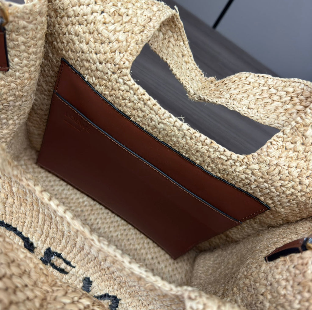 LOEWE 25S WE FONT TOTE BAG 30 IN NATURAL RAFFIA FIBER CALFSKIN SHOULDER STRAP