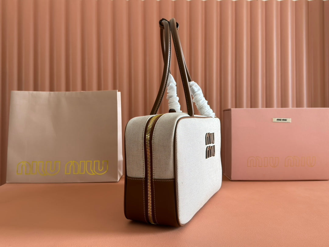 MIUMIU 25S BEAU CANVAS BAG 34 IN BEIGE CANVAS AND BROWN CALFSKIN