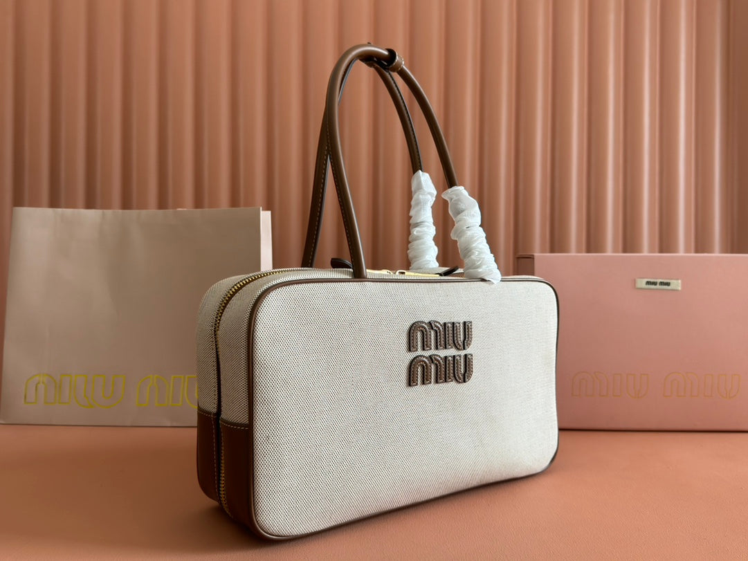 MIUMIU 25S BEAU CANVAS BAG 34 IN BEIGE CANVAS AND BROWN CALFSKIN