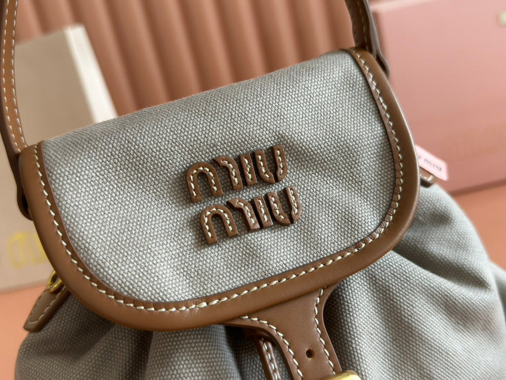 BACKPACK 22 IN GREY CANVAS BROWN CALFSKIN