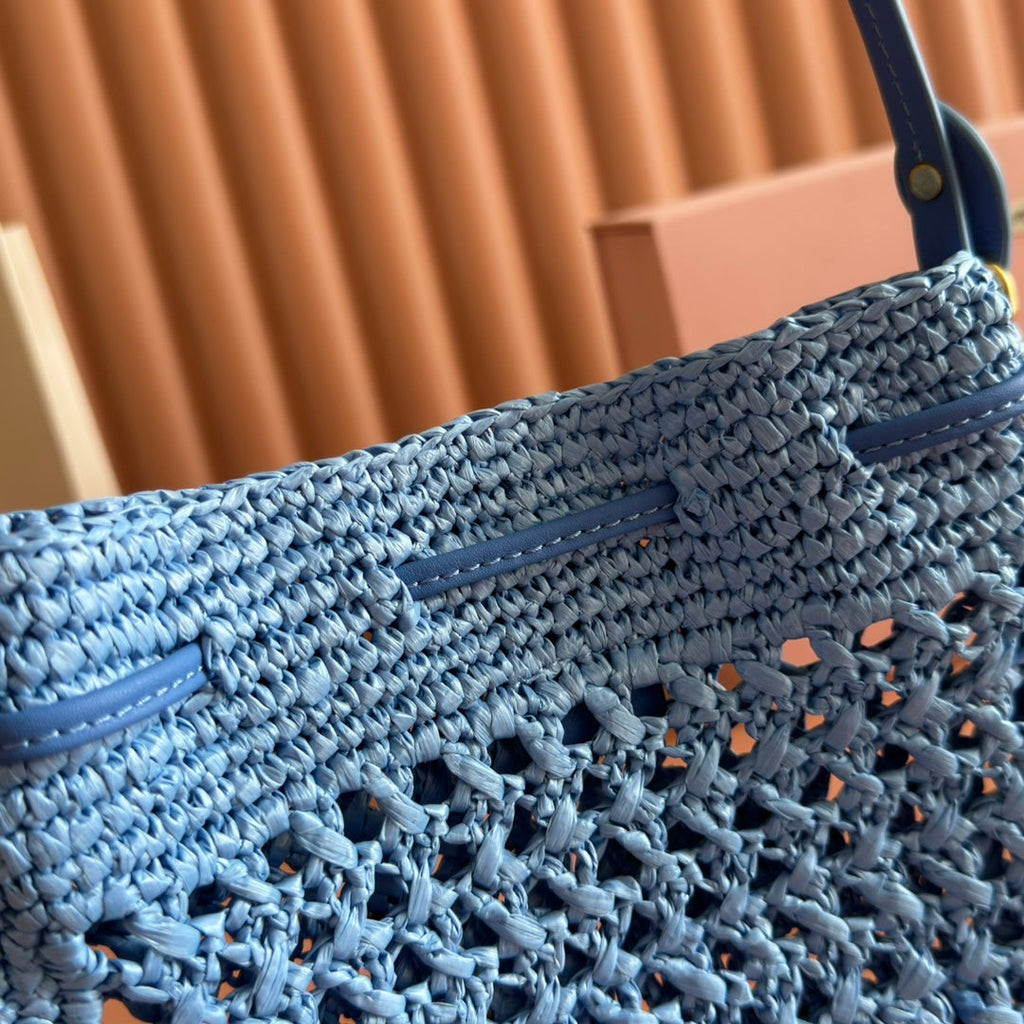 MIUMIU 26S WANDER BUCKET BAG 23 IN BLUE RAFFIA WITH LEATHER TRIM