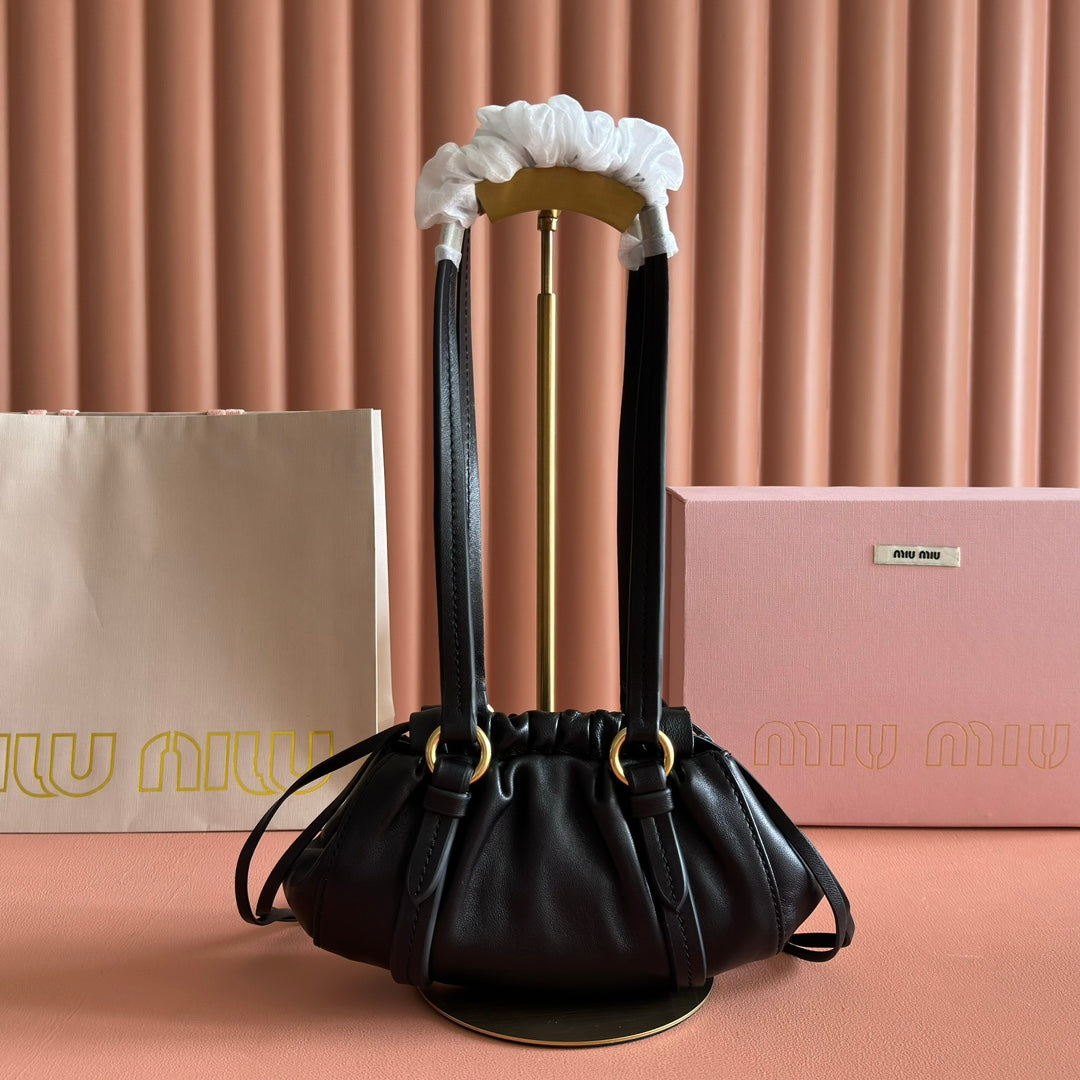 MIUMIU 26S JOIE HAND BAG 22 IN BLACK SHINY LAMBSKIN GOLD HARDWARE