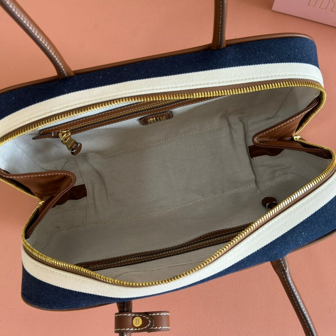 MIUMIU 25S BEAU BAG 34 DARK BLUE AND IVORY IN CANVAS AND CALFSKIN