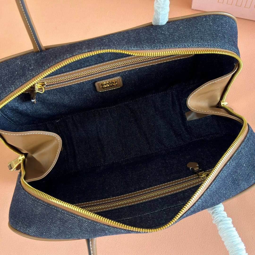 MIUMIU 25S BEAU DENIM BAG 34 IN DARK BLUE DENIM AND BROWN CALFSKIN
