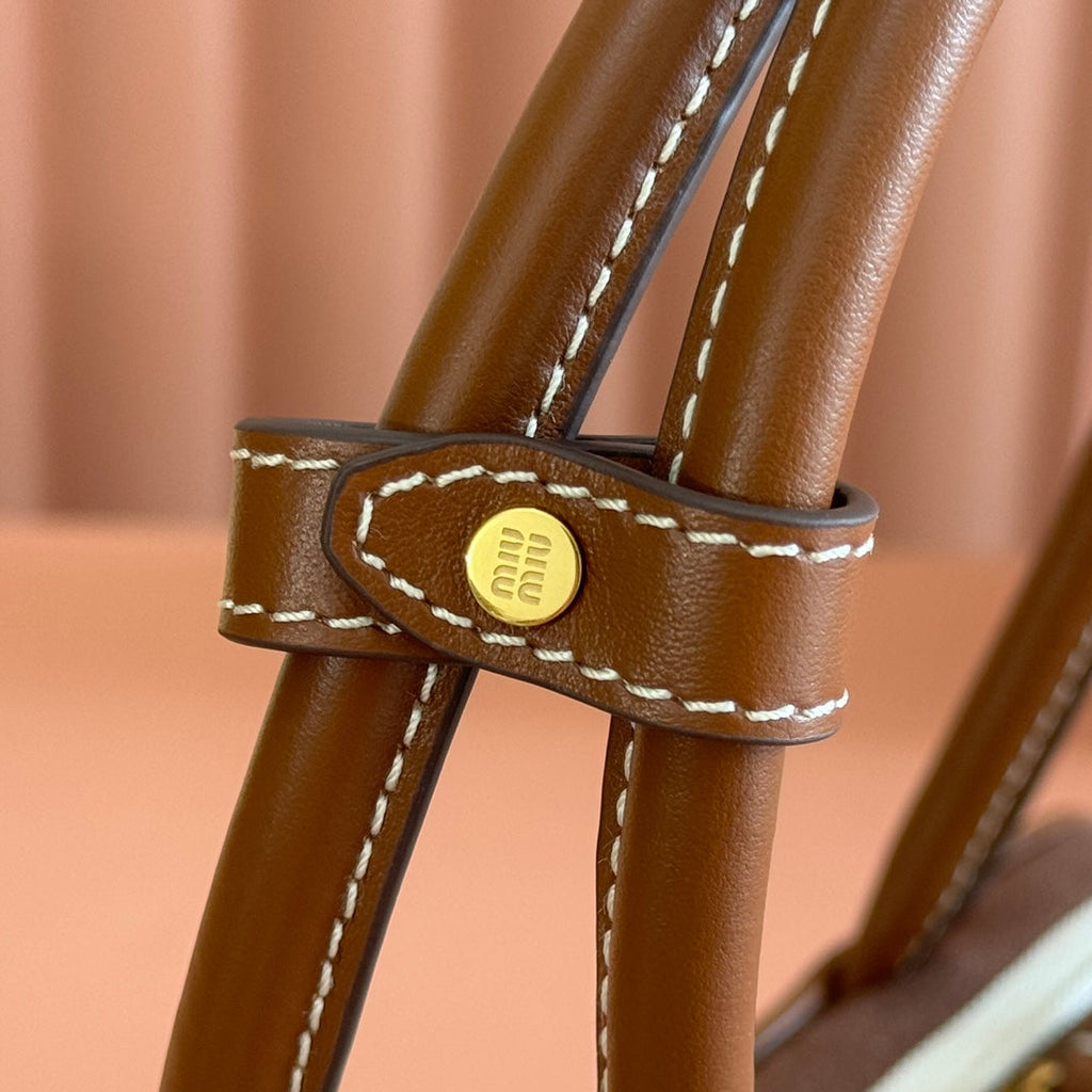 MIUMIU 25S BEAU BAG 28 BROWN AND BEIGE STRIPES IN CANVAS AND CALFSKIN