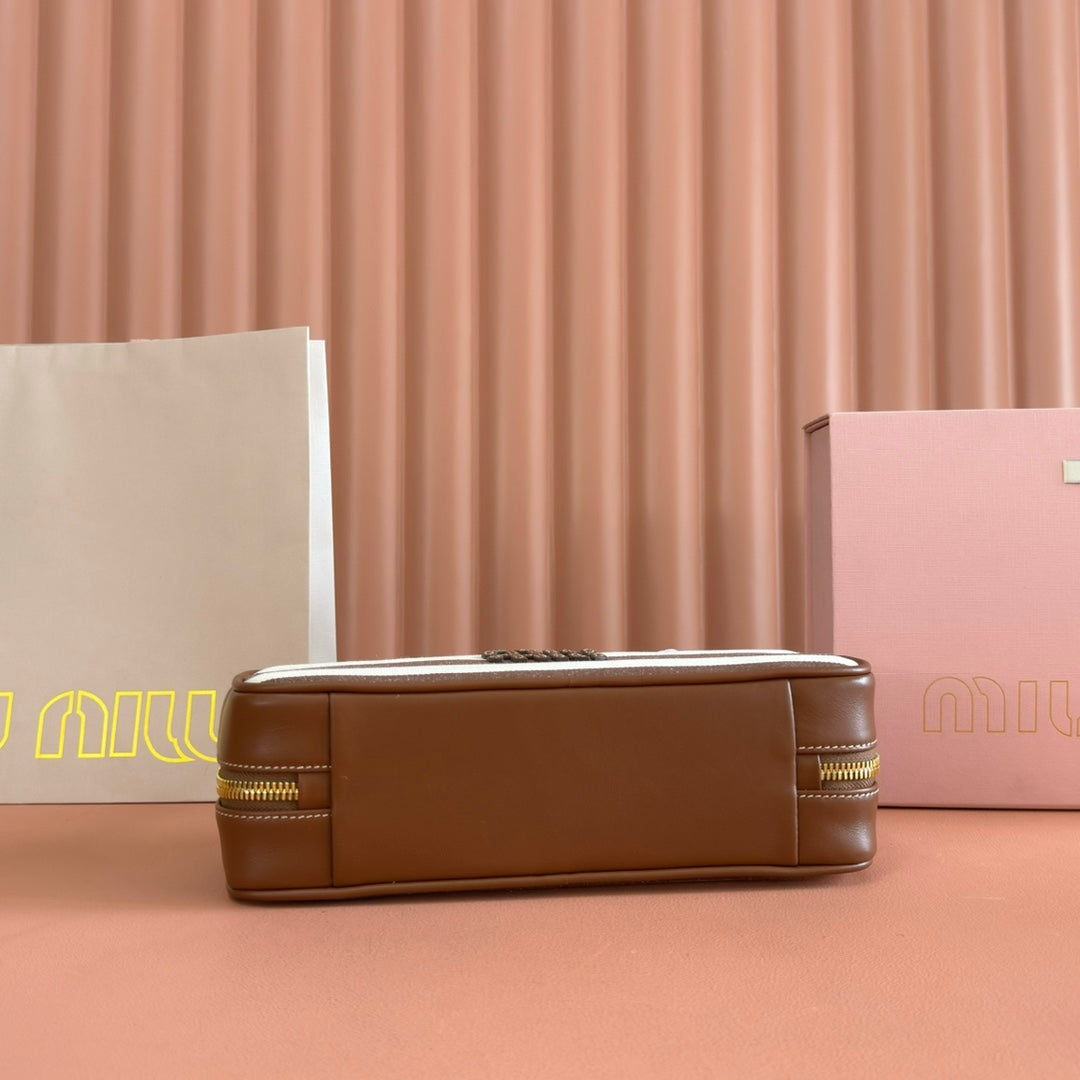 MIUMIU 25S BEAU BAG 28 BROWN AND BEIGE STRIPES IN CANVAS AND CALFSKIN