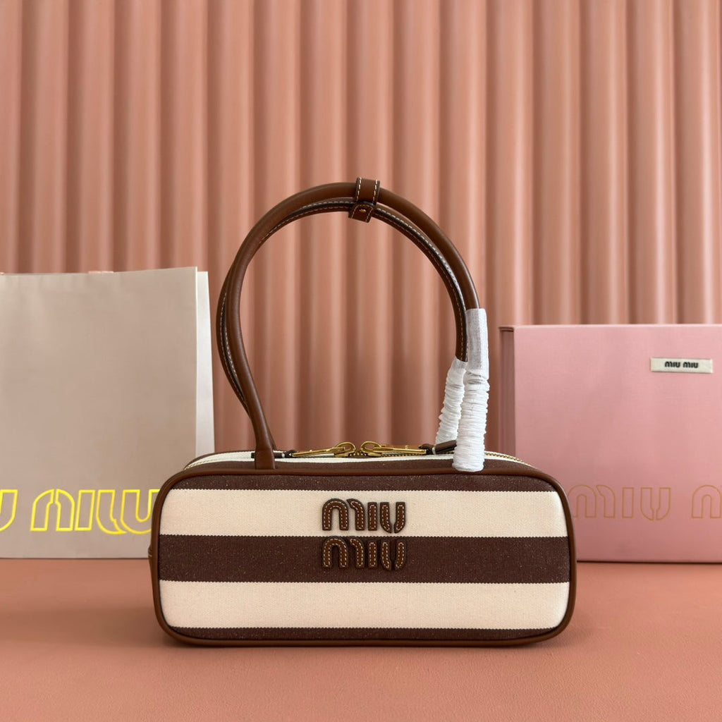 MIUMIU 25S BEAU BAG 28 BROWN AND BEIGE STRIPES IN CANVAS AND CALFSKIN