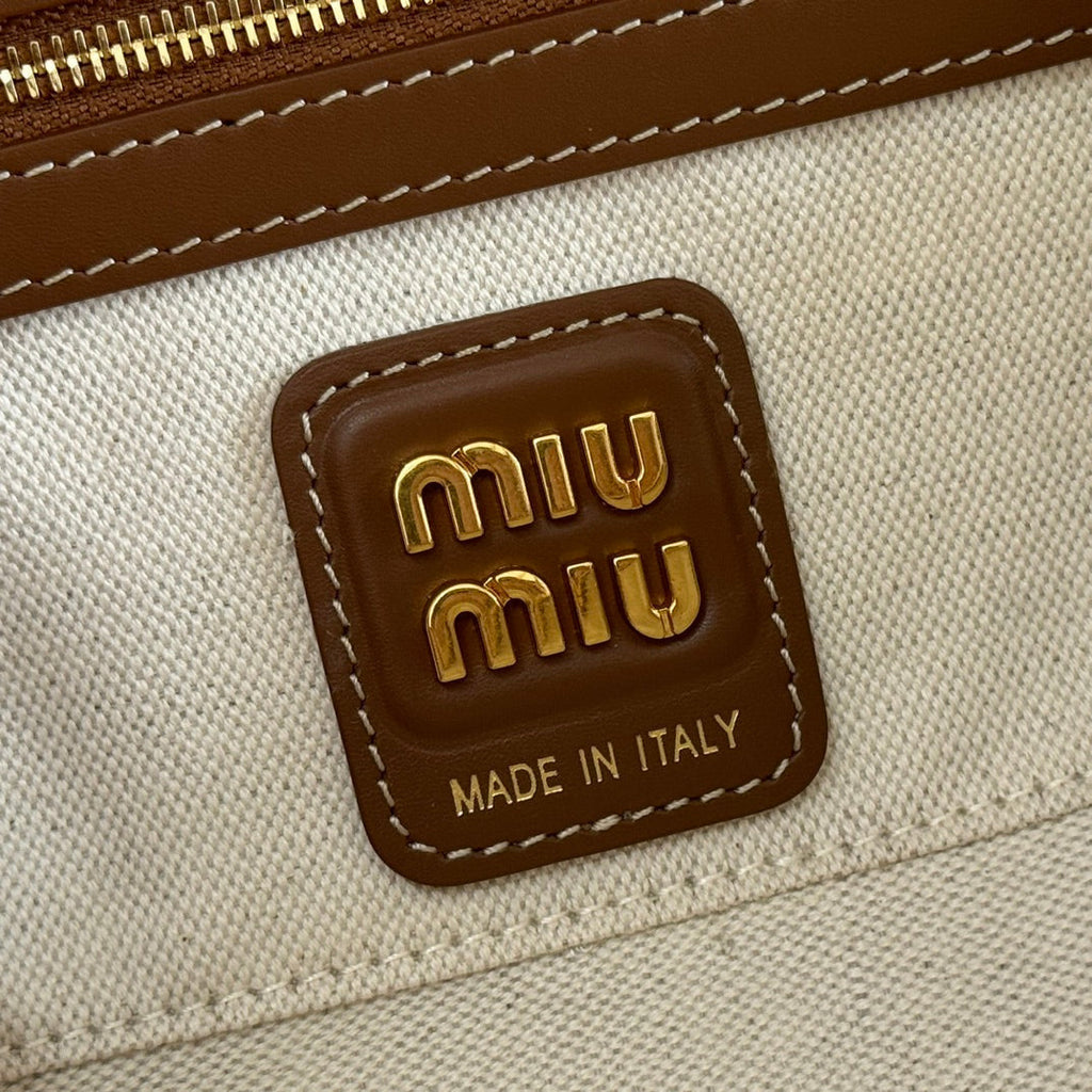 MIUMIU 25S BEAU BAG 28 BROWN AND BEIGE STRIPES IN CANVAS AND CALFSKIN