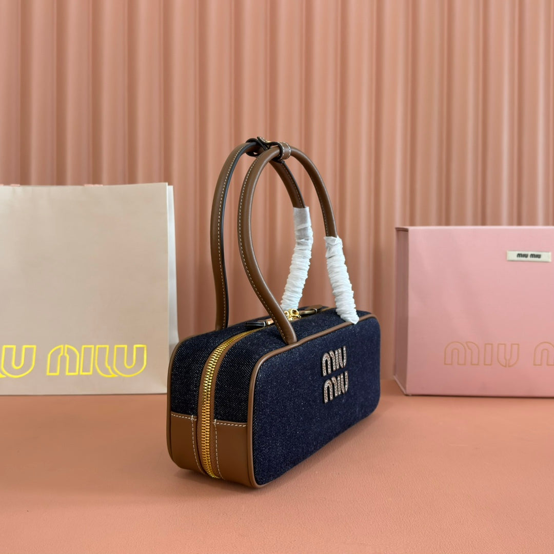 MIUMIU 25S BEAU DENIM BAG 28 IN DARK BLUE DENIM AND BROWN CALFSKIN