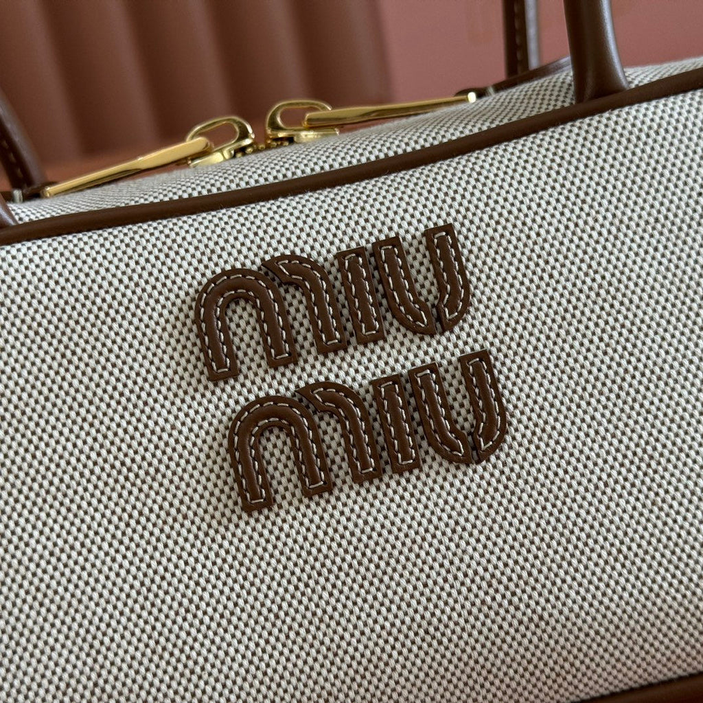 MIUMIU 25S BEAU CANVAS BAG 28 IN BEIGE CANVAS AND BROWN CALFSKIN
