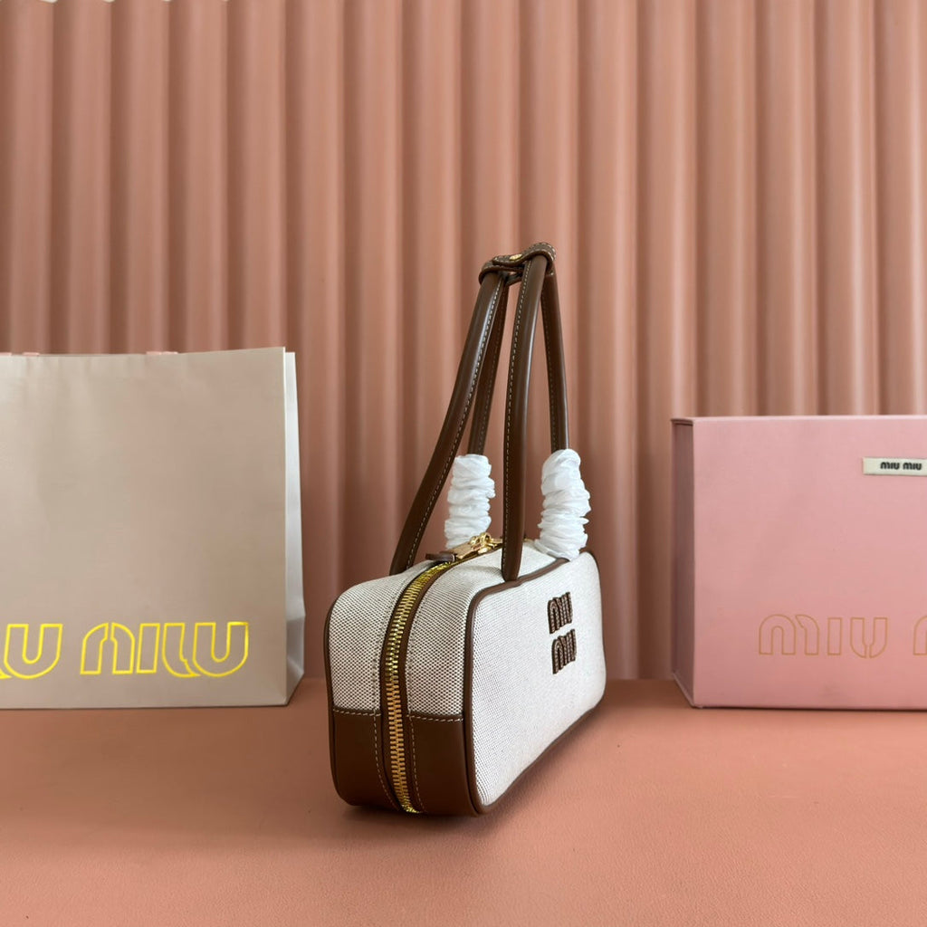 MIUMIU 25S BEAU CANVAS BAG 28 IN BEIGE CANVAS AND BROWN CALFSKIN