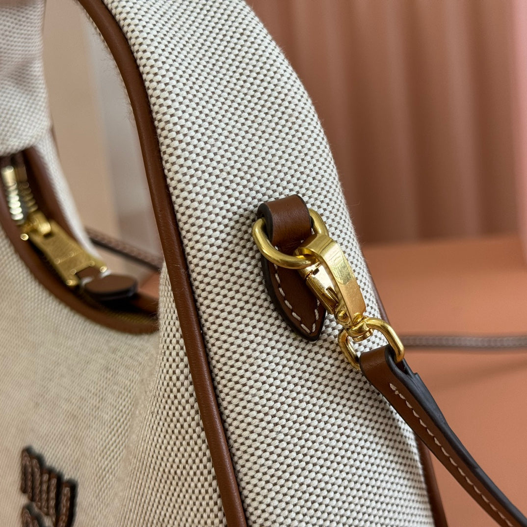 MIUMIU 25S WANDER BAG 20 IN BEIGE CANVAS AND BROWN CALFSKIN