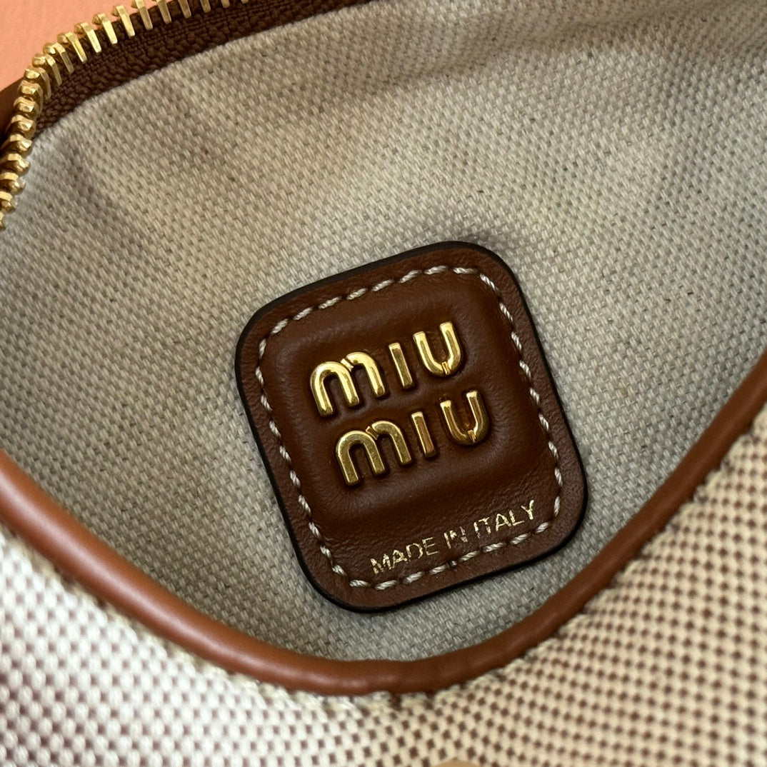 MIUMIU 25S WANDER BAG 20 IN BEIGE CANVAS AND BROWN CALFSKIN