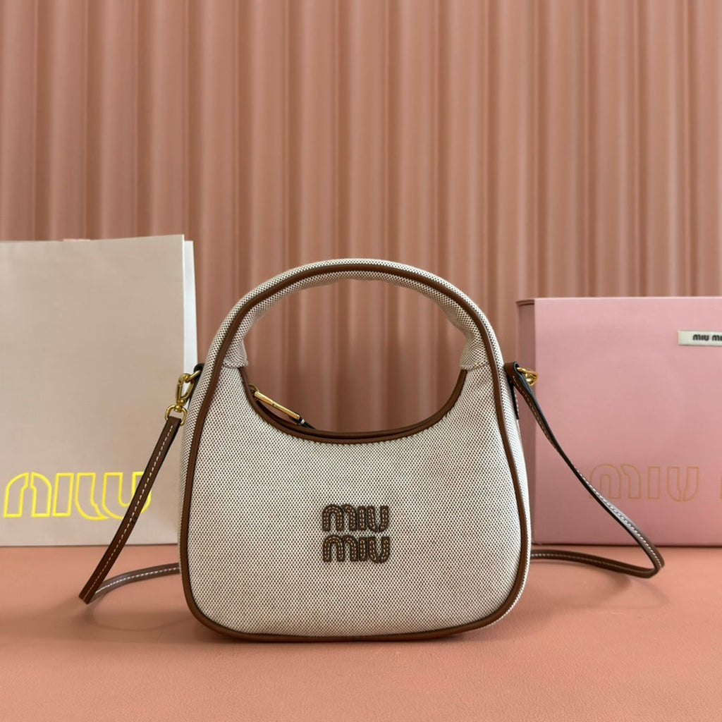 MIUMIU 25S WANDER BAG 20 IN BEIGE CANVAS AND BROWN CALFSKIN