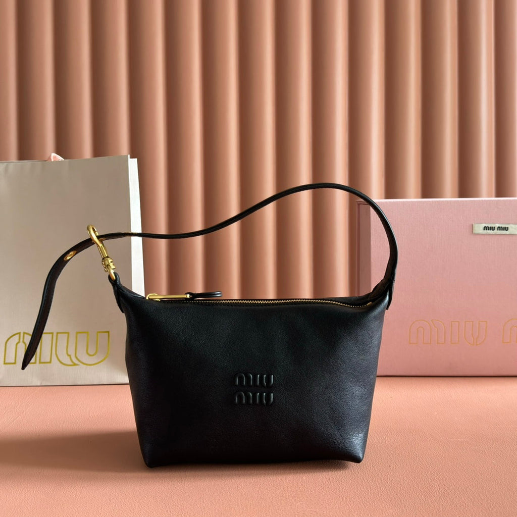 MIUMIU 26S CORDUROY POUCH BAG 25 IN BLACK CALFSKIN GOLD HARDWARE