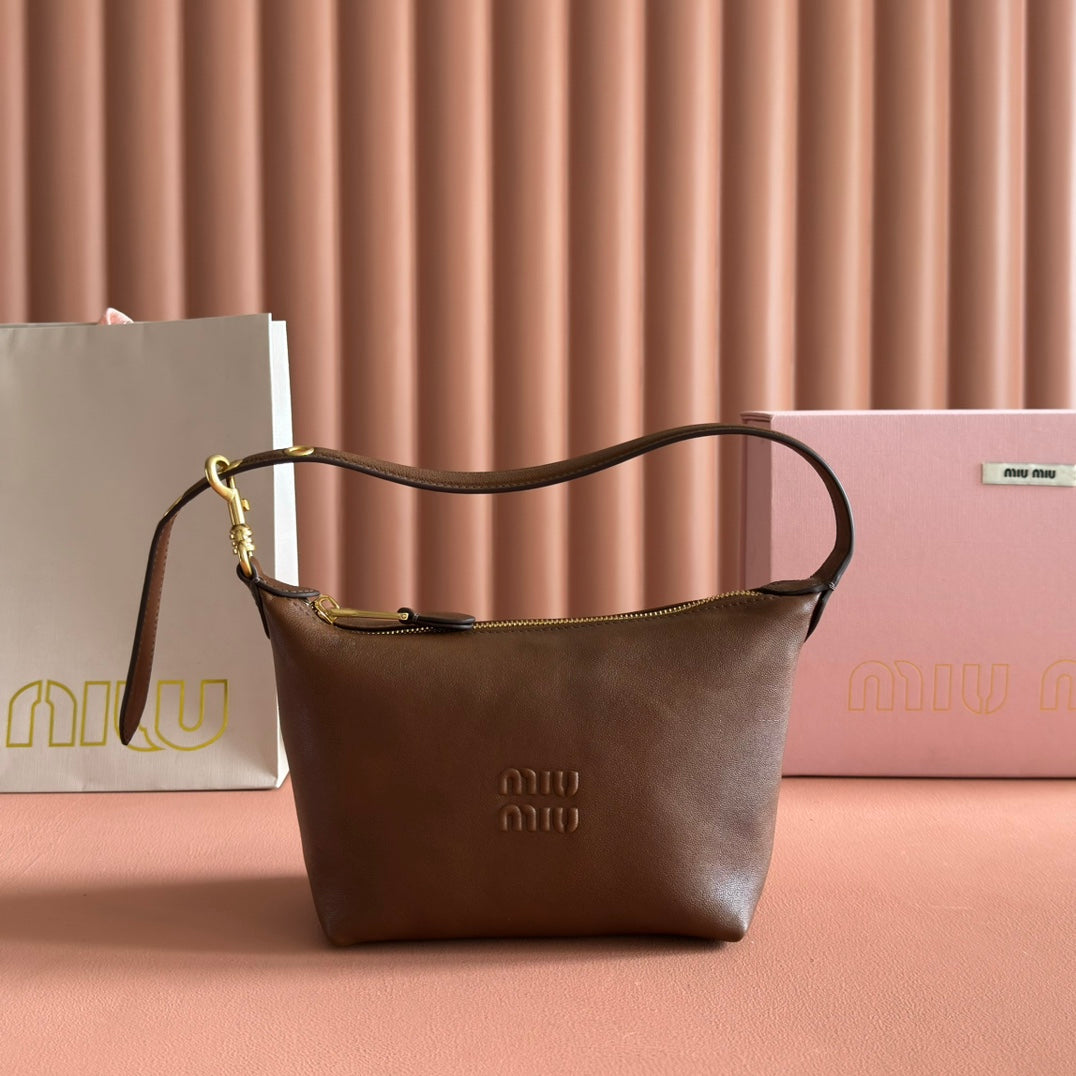 MIUMIU 26S CORDUROY POUCH BAG 25 IN BROWN CALFSKIN GOLD HARDWARE