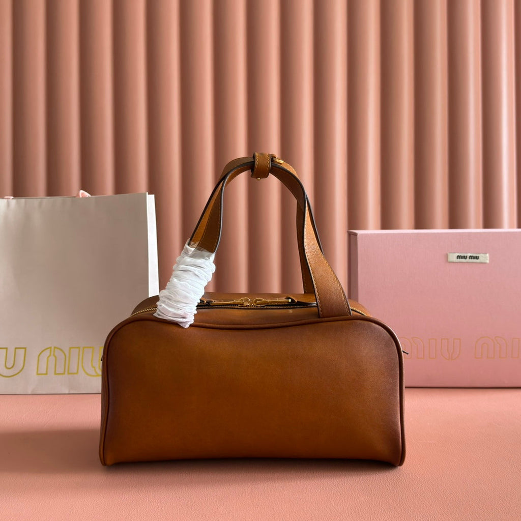 MIUMIU 26S TOP-HANDLE BAG 28 IN TAN BROWN CALFSKIN GOLD HARDWARE